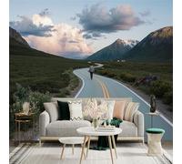 Custom Size Wall Sticker Mural， Winding Road Through Mountains with Traveler and Cloudy Sky， for wall Decoration， peelandstick wall Decals.