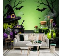 Custom Size Wall Sticker Mural， Witch Hat with Magic Potion Bottles， Glowing Green Cauldron and Flying Bats， for wall Decoration， peelandstick wall Decals.