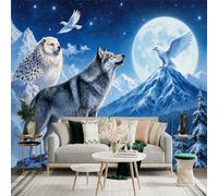 Custom Size Wall Sticker Mural， Wolf and Snow Leopard Under Moonlight with Eagle and Mountain Landscape， for wall Decoration， peelandstick wall Decals.