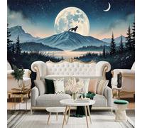 Custom Size Wall Sticker Mural， Wolf Howling at Moon Over Mountain and Forest Under Starry Night Sky， for wall Decoration， peelandstick wall Decals.