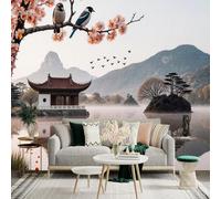 Custom Size Wall Sticker Murals, Chinese Lakeside Pavilion Mountain Cherry Blossoms Birds Landscape Self-Adhesive Wall Fabric(NO PVC) Removable Large Photo Wallpaper for Living Room Bedroom Office
