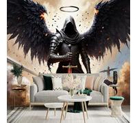Custom Size Wall Sticker Murals, Dark Angel Warrior Flaming Sword Black Wings Self-Adhesive Wall Fabric(NO PVC) Removable Large Photo Wallpaper for Living Room Bedroom Office