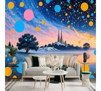 Custom Size Wall Sticker Murals, Fantasy Castle Landscape Blue Tree Reflecting Lake Colorful Sky Abstract Dots Self-Adhesive Wall Fabric(NO PVC) Large Photo Wallpaper for Living Room Bedroom Office
