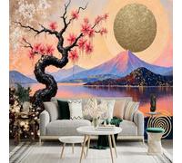 Custom Size Wall Sticker Murals, Golden Sun Sakura Tree Mountain Lake Landscape Painting Art, Self-Adhesive Wall Fabric(NO PVC) Removable Large Photo Wallpaper for Living Room Bedroom