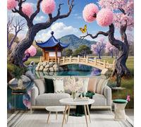 Custom Size Wall Sticker Murals, Japanese Garden Pavilion Bridge Cherry Blossom Butterfly Tranquil Lake, Self-Adhesive Wall Fabric(NO PVC) Removable Large Photo Wallpaper for Living Room Bedroom