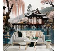 Custom Size Wall Sticker Murals, Japanese Traditional Pavilion Cherry Blossom Koi Fish Pond Self-Adhesive Wall Fabric(NO PVC) Removable Large Photo Wallpaper for Living Room Bedroom Office