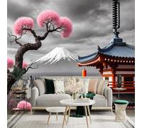 Custom Size Wall Sticker Murals, Mount Fuji Japan Cherry Blossom Tree Traditional Pagoda Architecture, Self-Adhesive Wall Fabric(NO PVC) Removable Large Photo Wallpaper for Living Room Bedroom