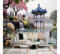 Custom Size Wall Sticker Murals, Serene Garden Pond Blue Pavilion Pink Blossoms Lion Statue Waterfall Self-Adhesive Wall Fabric(NO PVC) Removable Large Photo Wallpaper for Living Room Bedroom Office