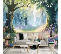 Custom Size Wall Sticker Murals Sunlit Enchanted Forest Glade Stone Path Ancient Trees Colorful Butterflies Removable Self-Adhesive Wall Fabric Large Photo Wallpaper for Living Room, Bedroom, Office
