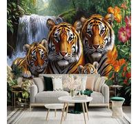 Custom Size Wall Sticker Murals Tigers by The Stream Removable Self-Adhesive Decorative Wallpaper, Large Photo Wallpaper for Living Room, Bedroom and Office