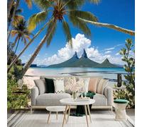 Custom Size Wall Sticker Murals, Tropical Beach Coconut Palm Trees Blue Sky Mountain Island Seascape Self-Adhesive Wall Fabric(NO PVC) Removable Large Photo Wallpaper for Living Room Bedroom Office