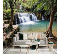 Custom Size Wall Sticker Murals, Turquoise Pool Waterfall Lush Greenery Exposed Roots Self-Adhesive Wall Fabric(NO PVC) Removable Large Photo Wallpaper for Living Room Bedroom Office