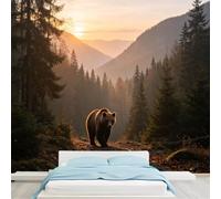 Custom Sized Murals Brown Bear Walking Mountain Forest Path At Sunset Removable Self-Adhesive Wallpaper for Bedroom Living Room Dining Room