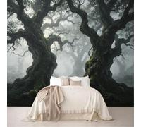 Custom Sized Murals Two Mossy Ancient Oak Trees Enchanted Misty Dark Forest Removable Self-Adhesive Wallpaper for Bedroom Living Room Dining Room