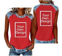 Custom Sleeveless T Shirt Personalized Tank Tops Women Custom Denim Patchwork Vest Design Your Own Women's Print Casual Crewneck Vest Trendy Splicing Summer Tshirts Work Tunic Blouses Going Out