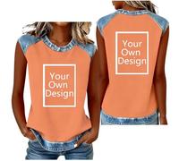 Custom Sleeveless T Shirt Personalized Tank Tops Women Custom Denim Patchwork Vest Design Your Own Women's Print Casual Crewneck Vest Trendy Splicing Summer Tshirts Work Tunic Blouses Going Out