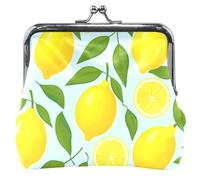 Custom Sliced Yellow Lemons Light Blue Leather Coin Purses & Pouches Cute Buckle Kiss Lock Girls Small Change Purse