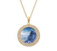 Custom Snow Mountain Picture Necklace Personalized Circle Chain Pendant Gold/Silver Photo Dog Tag Keepsake Necklaces Hip Hop Memorial Jewelry Gifts for Men Women, One Size, Titanium Steel, Rhinestone