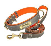 Custom Soft Padded Leather With Name Plate Dog Collar Leash Suit For French Bulldogs Dachshund Greyhound Beagle Shiba Inu,Gray,L