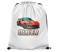 Custom Sports Car Boys Drawstring Bag Personalised Name Fast Cars Back to School PE Sports Bag, One Size, White