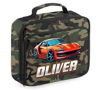 Custom Sports Car Lunch Bag for Kids Personalised Fast Cars Back to Nursery School Lunchbox, 24cm x 20cm x 8cm, Camo