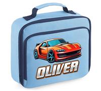 Custom Sports Car Lunch Bag for Kids Personalised Fast Cars Back to Nursery School Lunchbox, 24cm x 20cm x 8cm, Sky Blue