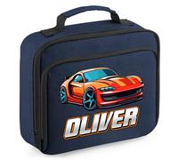 Custom Sports Car Lunch Bag for Kids Personalised Fast Cars Back to Nursery School Lunchbox, 24cm x 20cm x 8cm, Navy