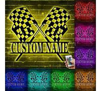 Custom Start Finish Racing Flag Metal Wall Sign with LED Light Personalized Race Checkered Flag Name Sign Christmas Birthday Home Decor Gift for Boy Men Boyfriends Racer