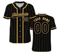 Custom Stitched Baseball Jersey for Men/Women/Boys - Personalised Casual Button Short Sleeve Pinstripe T-Shirt, Team Sports Uniform & Active Wear Black-Gold