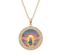 Custom Sunset And Sailboat Picture Necklace Personalized Circle Chain Pendant Gold/Silver Photo Dog Tag Keepsake Necklaces Hip Hop Memorial Jewelry Gifts for Men Women, One size, Titanium Steel