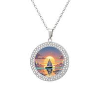 Custom Sunset And Sailboat Picture Necklace Personalized Circle Chain Pendant Gold/Silver Photo Dog Tag Keepsake Necklaces Hip Hop Memorial Jewelry Gifts for Men Women, One size, Titanium Steel