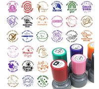 Custom Teacher Stamp Set - 3 Pcs, 60+ Picture Choices, Custom Name, Reward Stamp, Self-Inking, Round Rubber