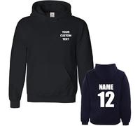 CUSTOM TEXT printed on personalised pullover hoodie, make your own hooded sweatshirt Black 12/13 YRS - Front and Back Name Number Print