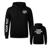 CUSTOM TEXT printed on personalised pullover hoodie, make your own hooded sweatshirt Black MEDIUM - Front left breast, Sleeve, BACK name and number print