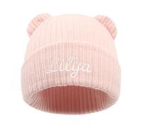 Custom Toddler Baby Beanie Hats Caps,Personalized Baby Beanie Hats with Leather Patch Name,100% Wool Acrylic,Design Your Own Warm Knitted Beanie Caps Gifts (Pink)