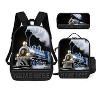 Custom Train Backpack 3 Pcs Set Persoanlzied Name Retro Locomotive Train Daypack Bags for Men Women Friends Family Adjustable Straps 17 inches Outdoor Travel Hiking Camping Backbag