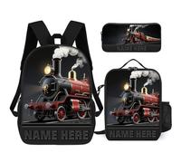 Custom Train Backpack 3 Pcs Set Persoanlzied Name Retro Locomotive Train Daypack Bags for Men Women Friends Family Adjustable Straps 17 inches Outdoor Travel Hiking Camping Backbag