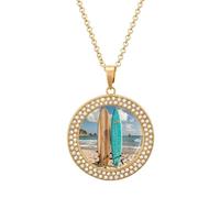 Custom Turquoise Wood Surfboard Picture Necklace Personalized Circle Chain Pendant Gold/Silver Photo Dog Tag Keepsake Necklaces Hip Hop Memorial Jewelry Gifts for Men Women, One Size, Titanium Steel