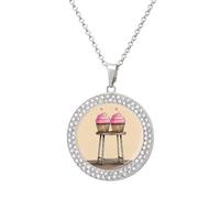 Custom Two Cartoon Cupcakes Picture Necklace Personalized Circle Chain Pendant Gold/Silver Photo Dog Tag Keepsake Necklaces Hip Hop Memorial Jewelry Gifts for Men Women, One Size, Titanium Steel