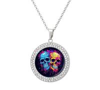 Custom Two Different Skulls Picture Necklace Personalized Circle Chain Pendant Gold/Silver Photo Dog Tag Keepsake Necklaces Hip Hop Memorial Jewelry Gifts for Men Women, One Size, Titanium Steel