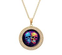 Custom Two Different Skulls Picture Necklace Personalized Circle Chain Pendant Gold/Silver Photo Dog Tag Keepsake Necklaces Hip Hop Memorial Jewelry Gifts for Men Women, One Size, Titanium Steel