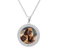 Custom Two Lions Picture Necklace Personalized Circle Chain Pendant Gold/Silver Photo Dog Tag Keepsake Necklaces Hip Hop Memorial Jewelry Gifts for Men Women, One size, Titanium Steel, Rhinestone