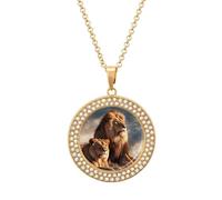 Custom Two Lions Picture Necklace Personalized Circle Chain Pendant Gold/Silver Photo Dog Tag Keepsake Necklaces Hip Hop Memorial Jewelry Gifts for Men Women, One size, Titanium Steel, Rhinestone