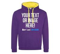 Custom Varsity Hoodie Mens Hoody Personalised Printed Any Text Image Logo Workwear Company Contrast Colours, XL, Purple/Yellow