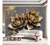Custom Wall Mural SelfAdhesive Removable Fabric Golden Lotus Flower Textured Art Metal Style Rustic Gray Decorative Floral Large Wall Sticker Decor for Living Room