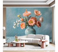 Custom Wall Mural SelfAdhesive Removable Fabric Peach Poppy Flower Vase Open Book Vintage Still Life Large Wall Sticker Decor for Living Room