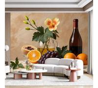 Custom Wall Mural SelfAdhesive Removable Fabric Still Life Wine Bottle Grapes Orange Fruit Flower Classic Painting Style Large Wall Sticker Decor for Living Room