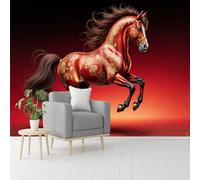Custom Wall Murals, Golden Floral Red Horse Art Elegant Running Stallion Decor, Self-Adhesive Removable Peel and Stick Wallpaper, for Living Room, Bedroom, Shop, Office, Kids