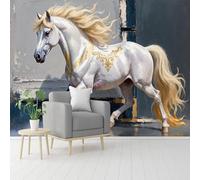 Custom Wall Murals,White Horse Golden Baroque Luxury Abstract Animal Art,Self-Adhesive Removable Peel and Stick Wallpaper, for Living Room, Bedroom, Shop, Office, Kids