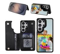 Custom Wallet Phone Case for Samsung Galaxy A15 A56 S26 S25 S24 S23 S22 S21 S20 FE Plus Ultra with Card Holder, Personalized Picture Photo PU Leather Magnetic Buttons Flip Black Case with Kickstand
